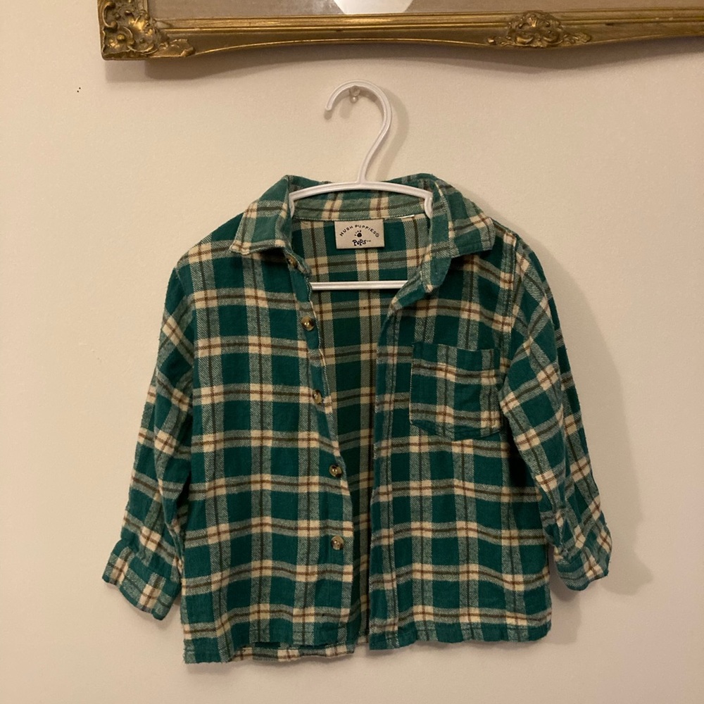 Vintage Hush Puppies Pups Green Flannel Long Sleeve Button Down Shirt Plaid Fall